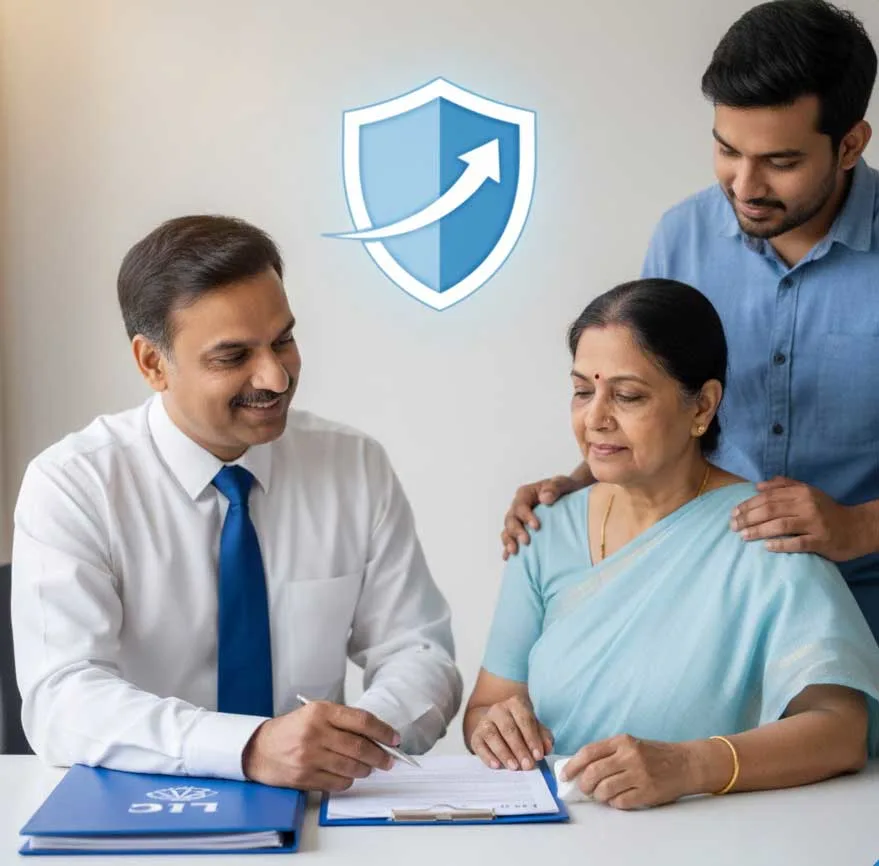 LIC advisor assisting a mother and son with policy paperwork