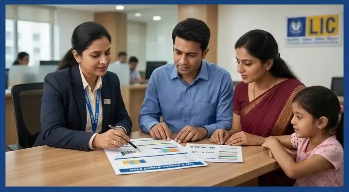 LIC advisor explaining a term insurance plan to a family in an LIC office
