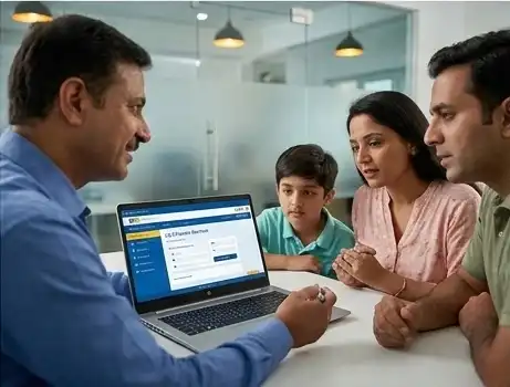 Advisor helping an NRI review an existing LIC policy online