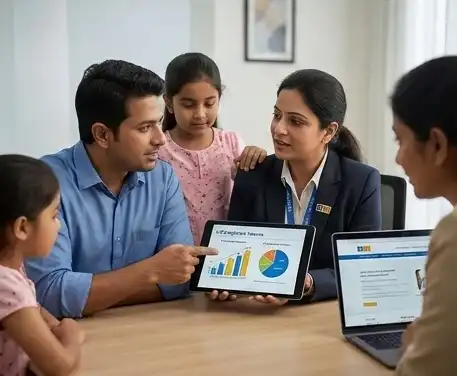 LIC advisor showing a savings growth chart on a tablet to a family