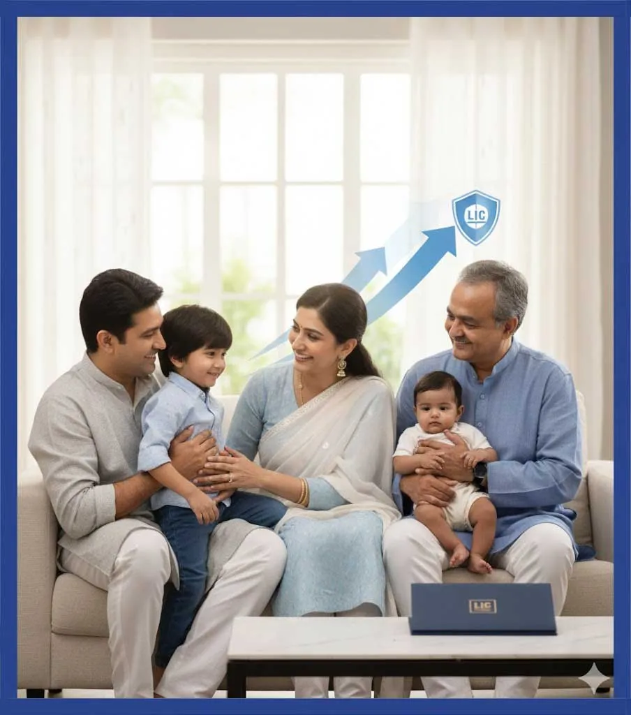 Indian family portrait representing LIC life insurance protection for NRIs