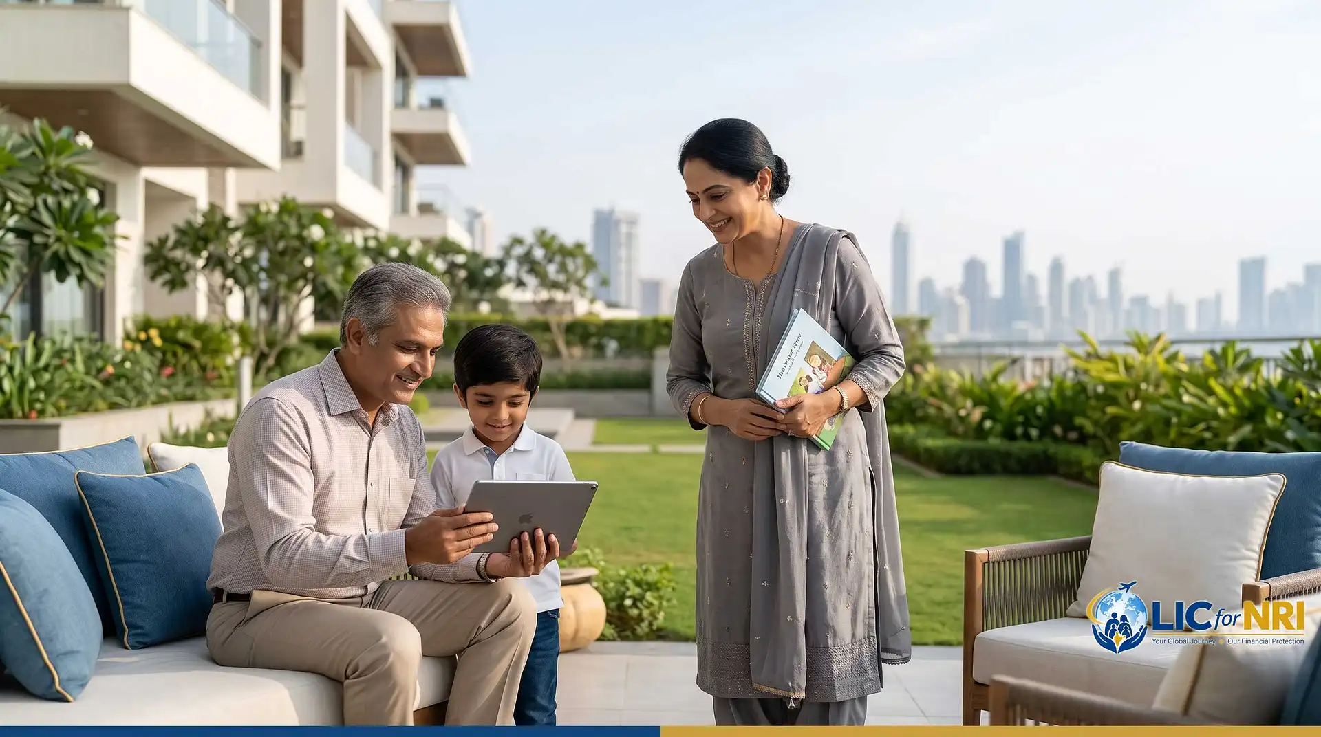 Father, son and mother on a terrace reviewing a child education plan booklet