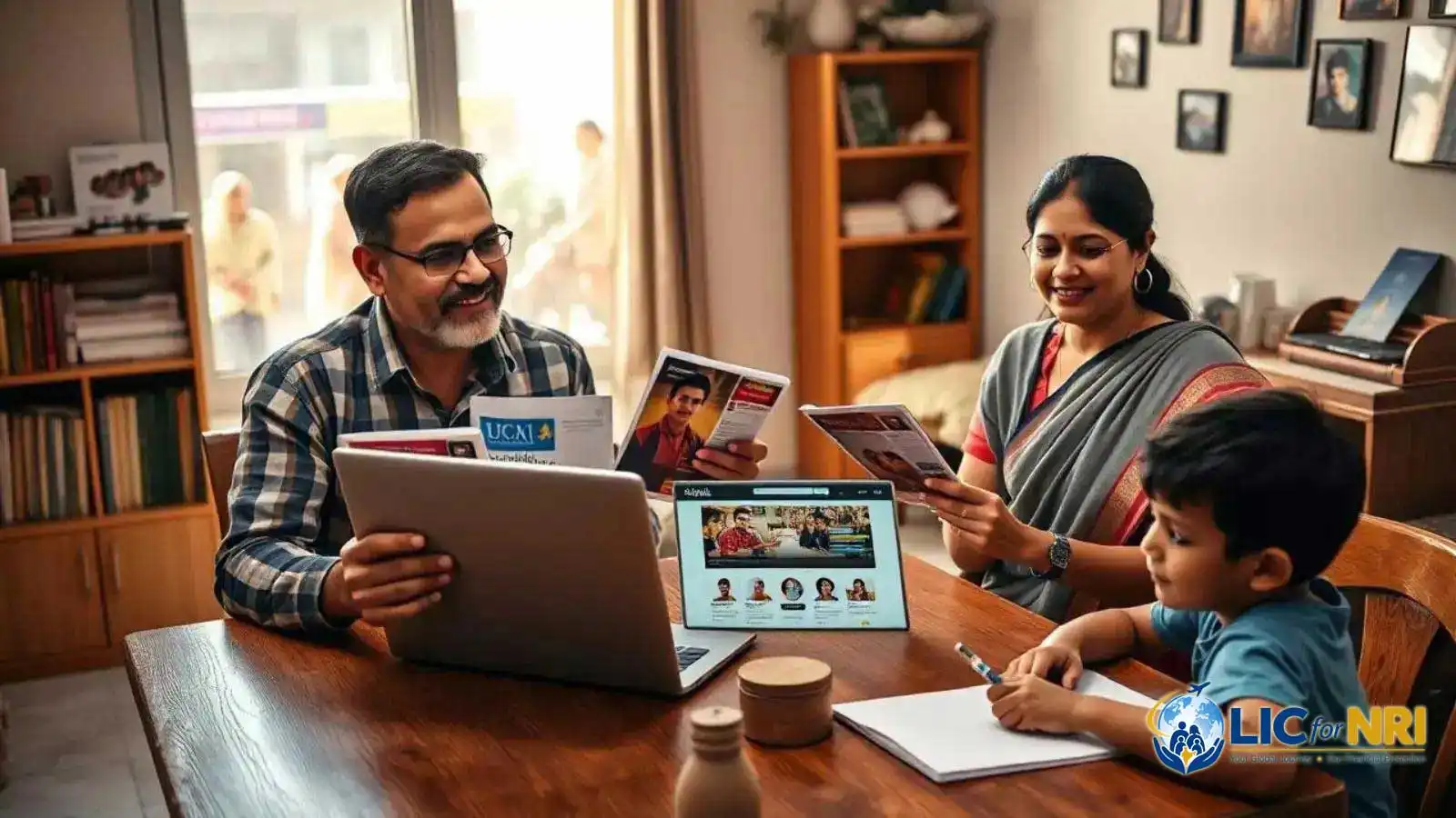 NRI family reviewing LIC policy documents together with a laptop during a planning session