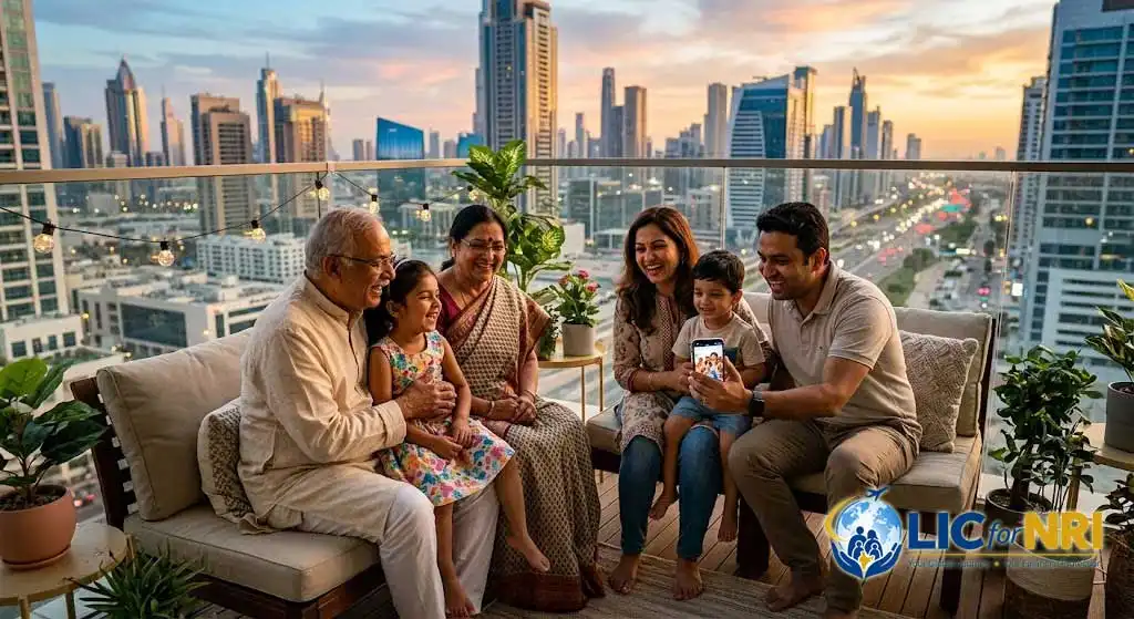 Multi-generational Indian family on a balcony overlooking a city skyline abroad, representing NRI family protection with LIC