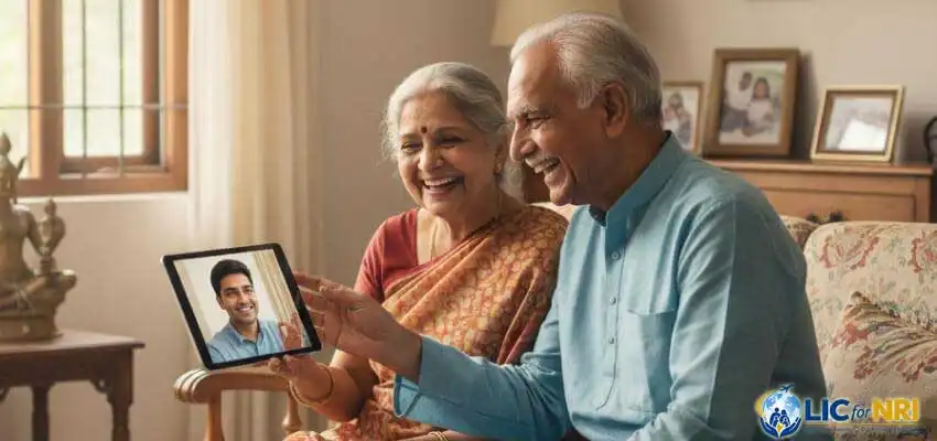 Elderly NRI couple on a video call, representing LIC guidance available at every life stage
