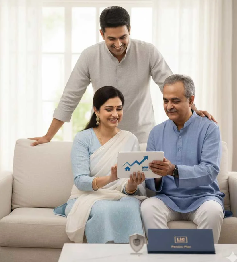 Family reviewing an LIC pension plan on a tablet at home